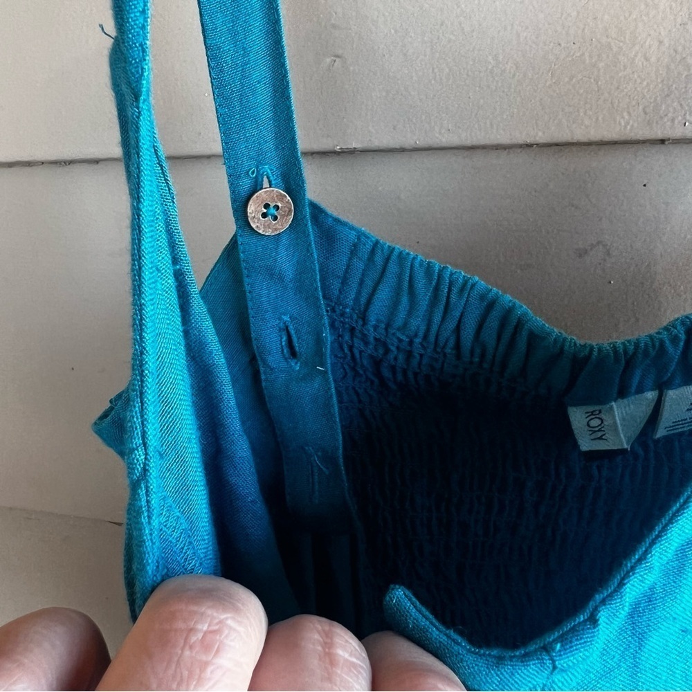 ROXY Mind Trip Jumpsuit Sz S Biscay Bay Teal Waist Tie Smocked Back Linen Blend - Picture 4 of 10